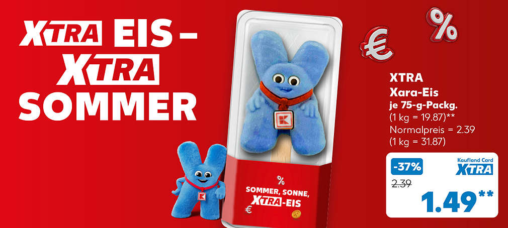 Schriftzug: XTRA Eis - XTRA Sommer; XTRA Xara-Eis, je 75-g-Packg. für 1.49 Euro** (1 kg = 19.87); Normalpreis = 2.39 Euro (1 kg = 31.87)