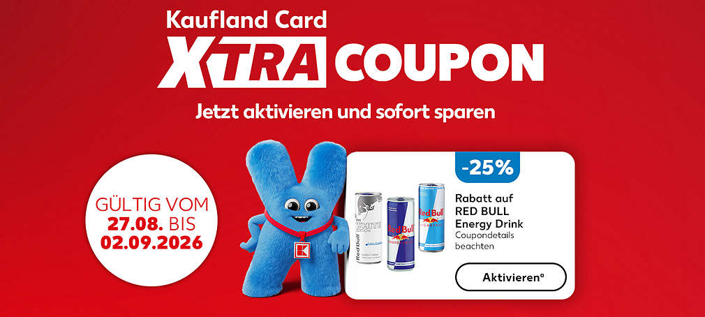Schriftzug: Kaufland Card XTRA Coupon: Jetzt aktivieren und sofort sparen; Gültig vom 27.08. bis 02.09.2026, -25 % Rabatt auf RED BULL Energy Drink, Verschiedene Produktabbildungen
