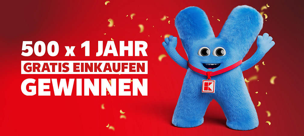 Schriftzug: 500 x 1 Jahr gratis einkaufen gewinnenᵍ; Abbildung: Maskottchen