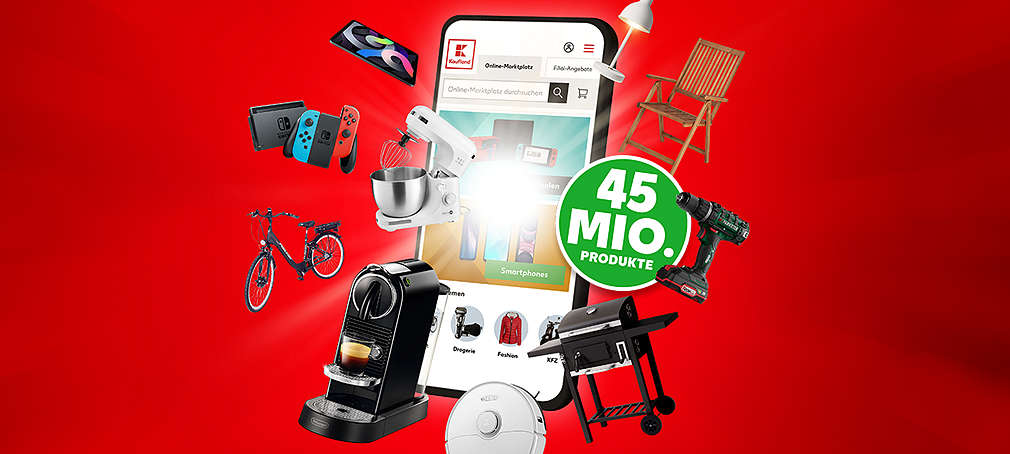 Abbildung: Smartphone mit Kaufland App; versch. Produkte im Bild; Störer: 45 Mio. Produkte
