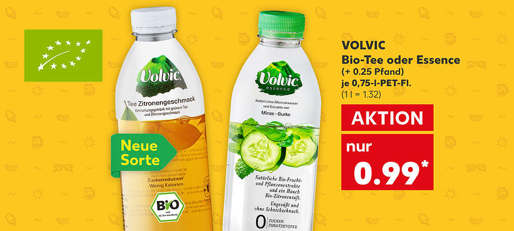 Abbildung: VOLVIC Bio-Tee oder Essence, versch. Sorten, je 0,75-l-PET-Fl., Aktion, 0.99 Euro (1 l = 1.32) (+ 0.25 Pfand); Störer: Neue Sorte
