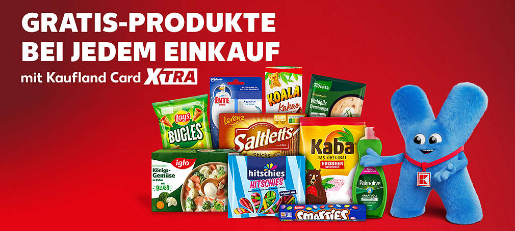 Schriftzug: Gratis-Produkte bei jedem Einkauf mit Kaufland Card XTRA; Abbildung: beispielhafte XTRA Produkte und Maskottchen