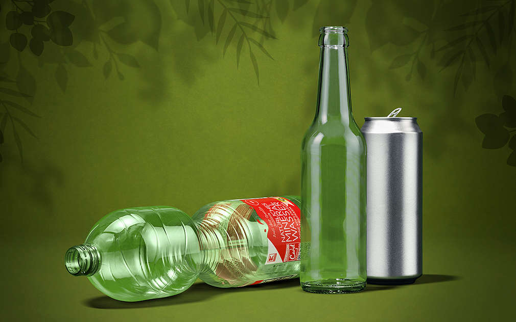 Plastová láhev, skleněná láhev a plechovka