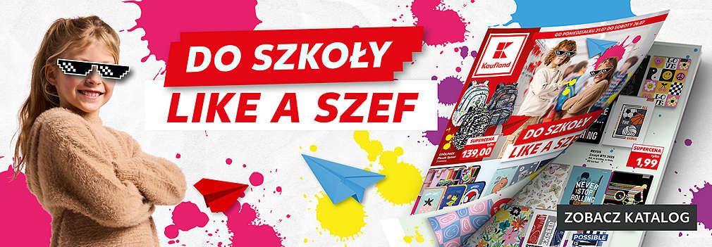 Dziewczynka w okularach, obok katalog z ofertą do szkoły