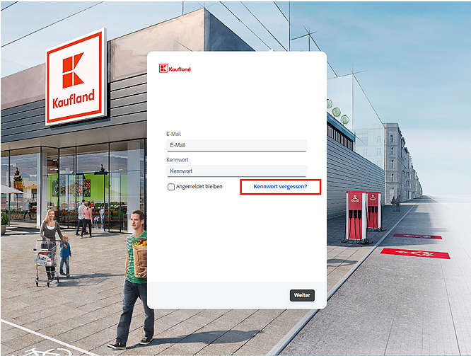 Login of the Business Partner Portal on which the button "Forgotten password" is highlighted in color