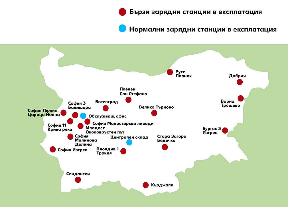 Карта на България, на която са маркирани всички електростанции в страната