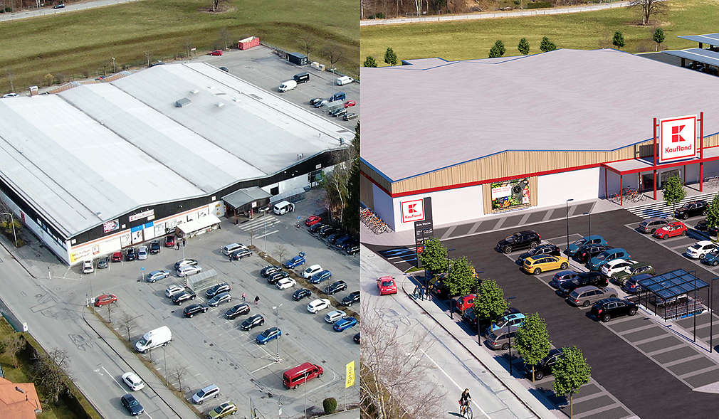 Neue Fassade der Kaufland-Filiale Bad Tölz; Abbildung: Vorher-Nachher