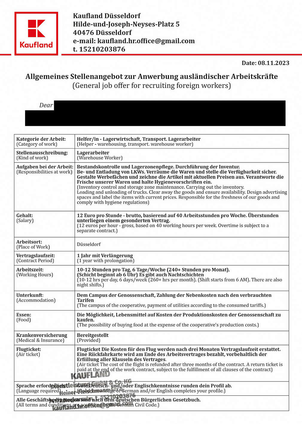 Gefälschtes Stellenangebot