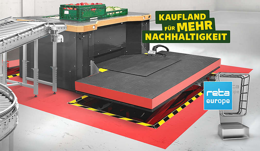 Abbildung: Automatische Kommissionierungsanalage; Logo: Kaufland für mehr Nachhaltigkeit; Logo: reta Europe