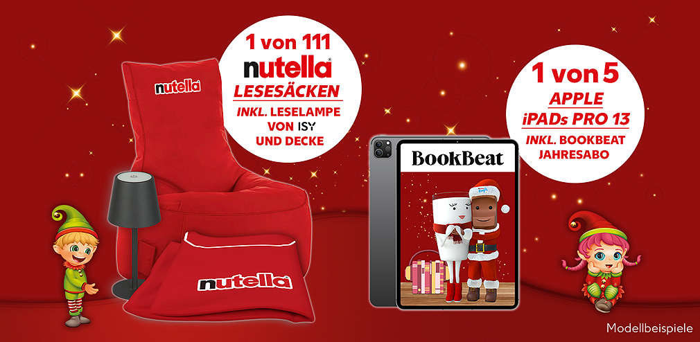 Abbildung: Leselampe, Lesesack und iPad Pro 13; Schriftzug: 1 von 111 Nutella Lesesack inkl. Leselampe von Isy und Decke; 1 von 5 Apple iPads Pro 13 inkl. BookBeat Jahresabo