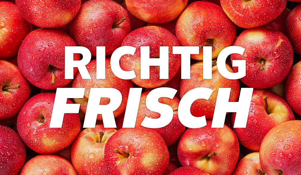 Abbildung: viele Äpfel von oben fotografiert; Schriftzug: Richtig frisch
