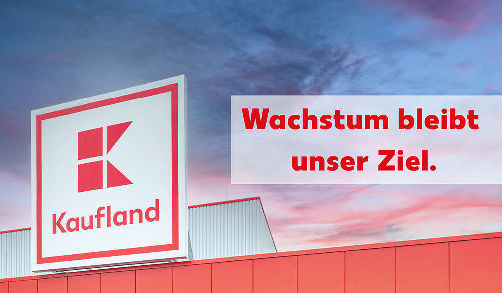 Kaufland-Logo einer Kaufland-Filiale; Schriftzug: Wachstum bleibt unser Ziel.