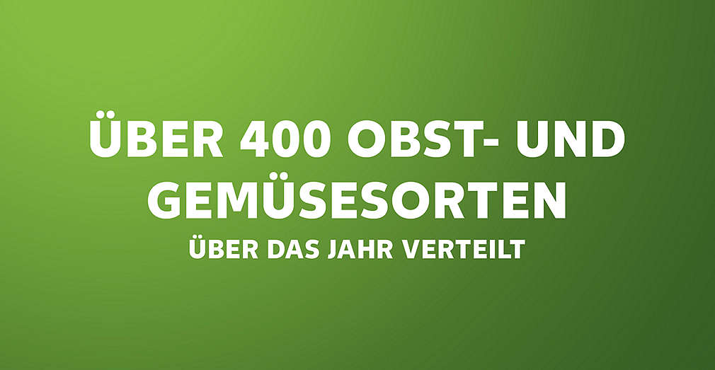 Grüner Hintergrund; Schriftzug: Über 400 Obst- und Gemüsesorten