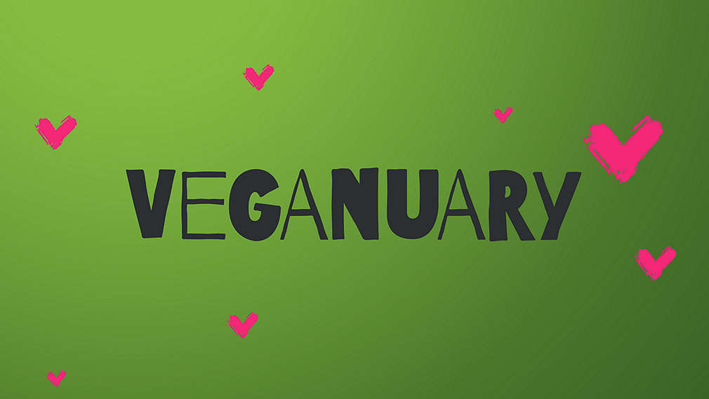 Schriftzug: Veganuary; pinke Herzen