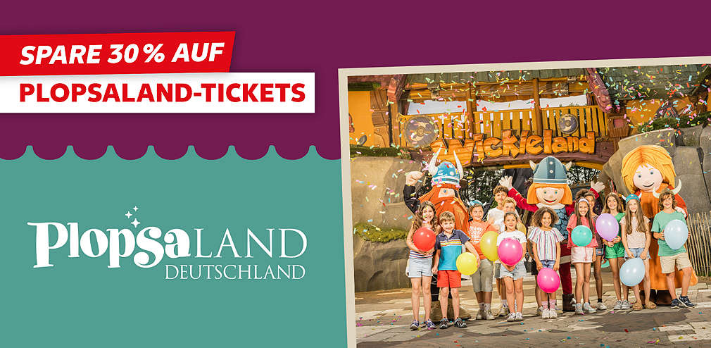 Logo: PLOPSALAND DEUTSCHLAND; Schriftzug: Spare 30 Prozent auf PLOPSALAND-Tickets