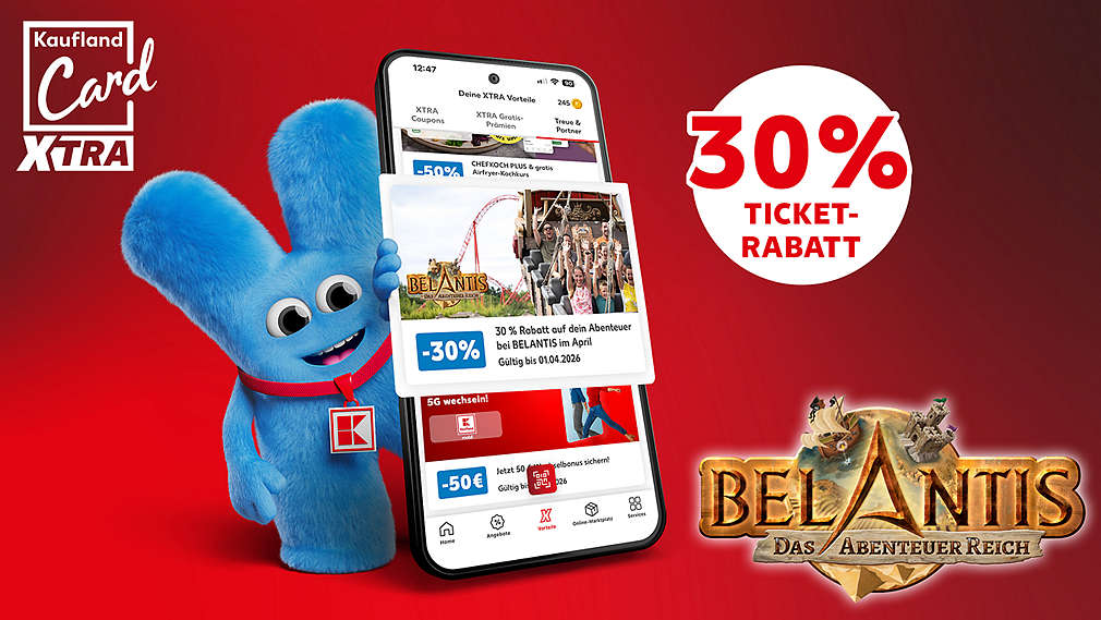Logo: BELANTIS; Störer: bis zu 30 % Tickets-Rabatt; Abbildung: Smartphone mit Coupon