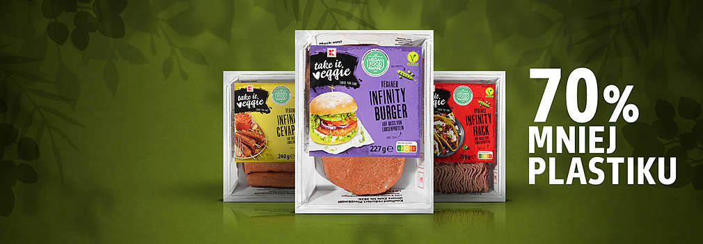 Trzy produkty marki K-take it veggie w opakowaniach ze zmniejszonym udziałem plastiku
