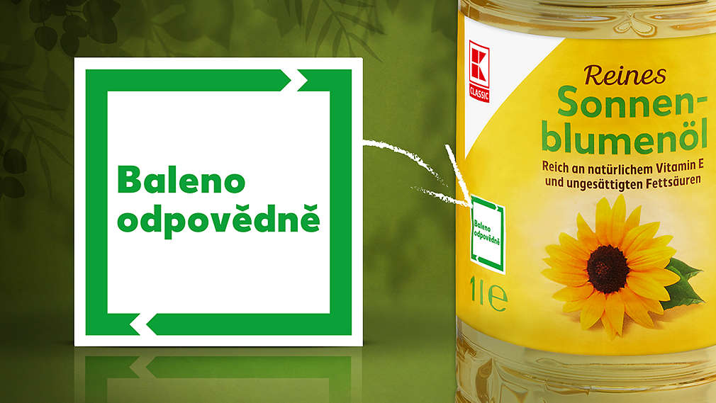 Logo společnosti Kaufland „Baleno odpovědně“ na PET lahvi se slunečnicovým olejem K-Classic