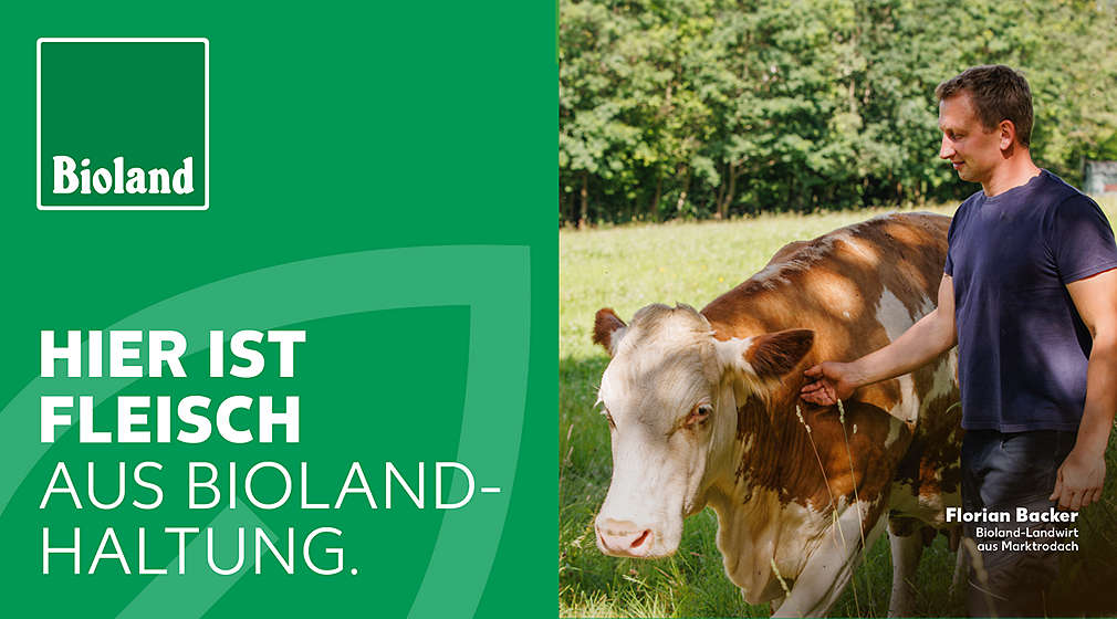 Logo: Bioland; Schriftzug: Hir ist Fleisch aus Bioland-Haltung; Abbildung: Kuh auf einer Weide mit dem Bauen Florian Backer, Bioland-Landwirt aus Marktrodach