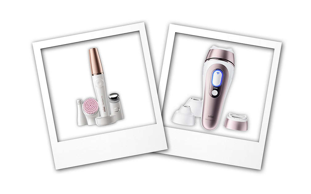 dva obrázky produktů Braun: Braun IPL Skin i·expert a Braun FaceSpa Pro 912