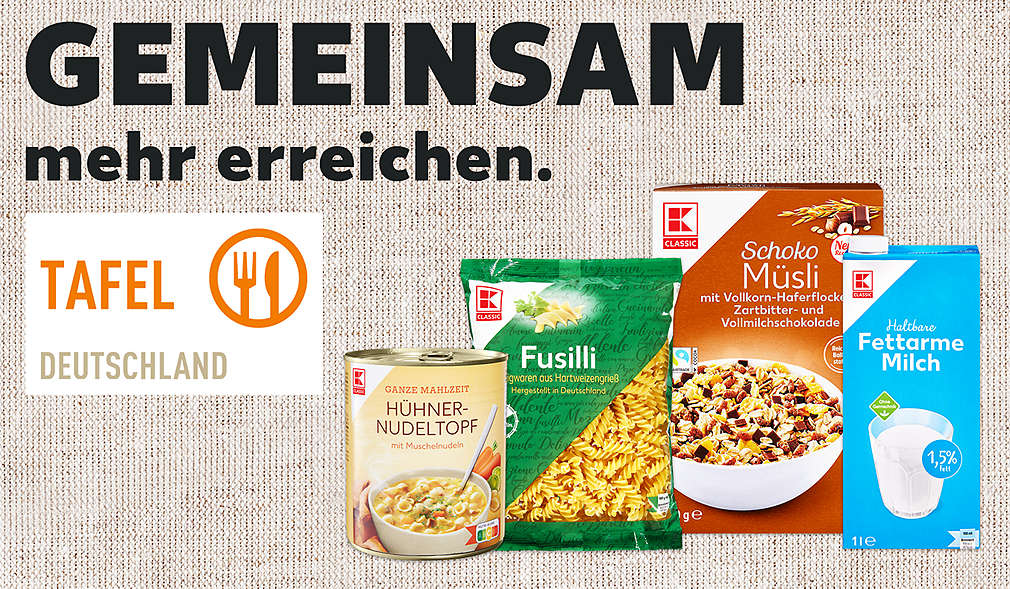 Schriftzug: Gemeinsam mehr erreichen; Logo: Tafel Deutschland; Verschiedene Eigenmarkenprodukte