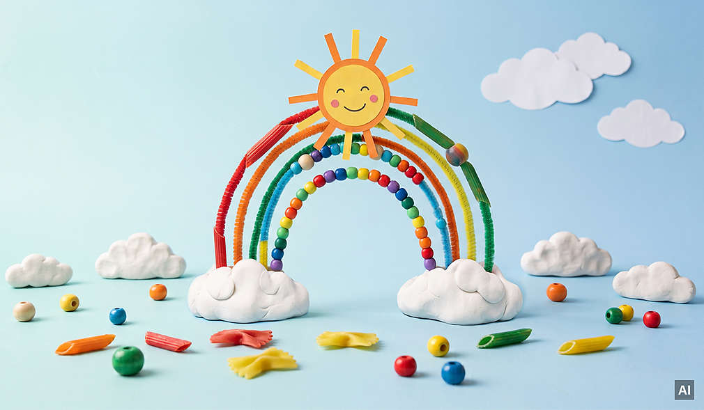 Regenbogen aus bunten Perlen und Wolken aus Knete