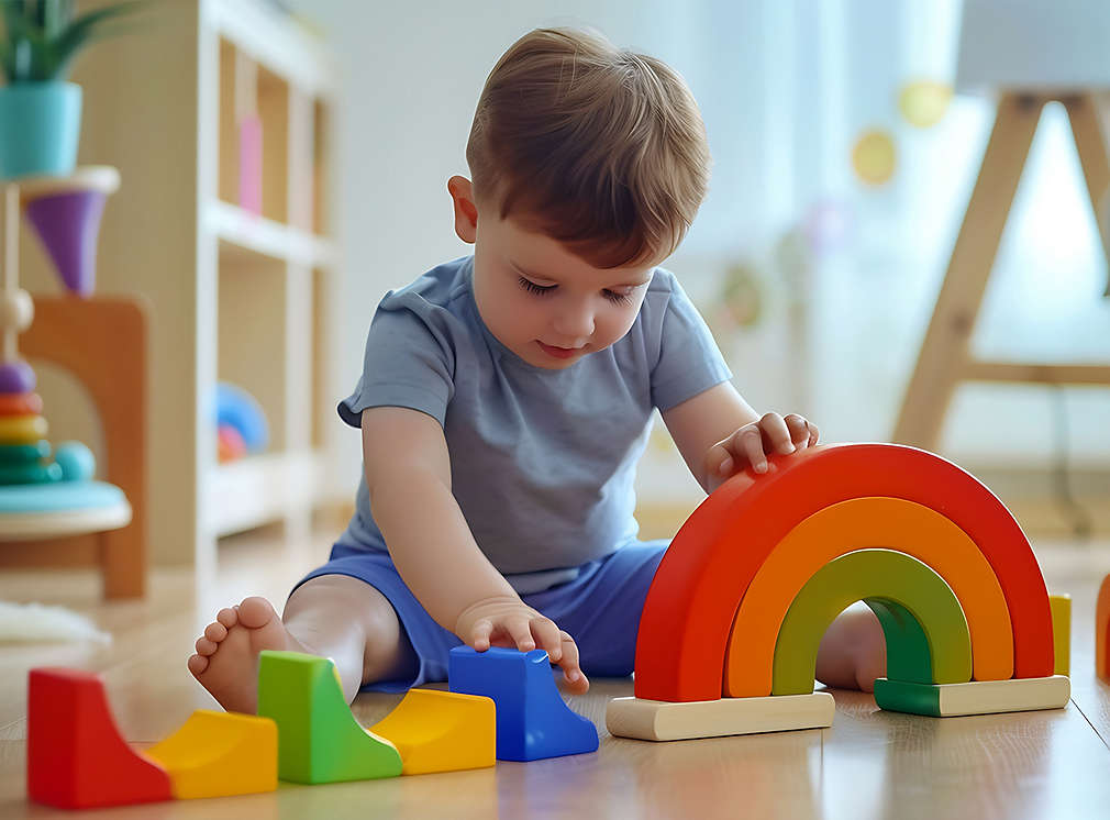 Mädchen spielt mit Holzküche