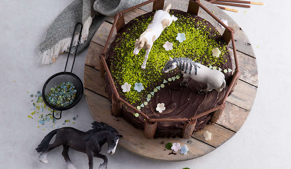 Kuchen mit Schokoriegeln und -stäbchen sowie Pferden