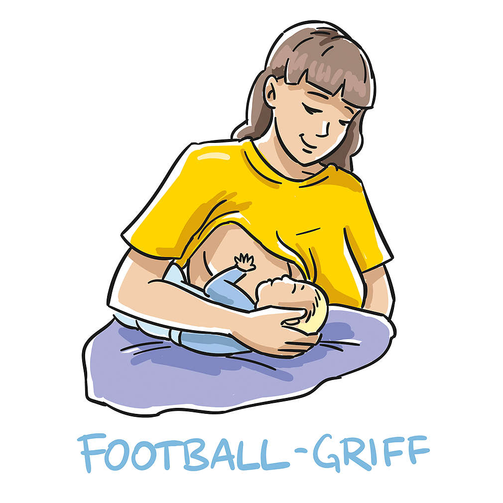 Zeichnung einer stillenden Mutter mit Football-Griff