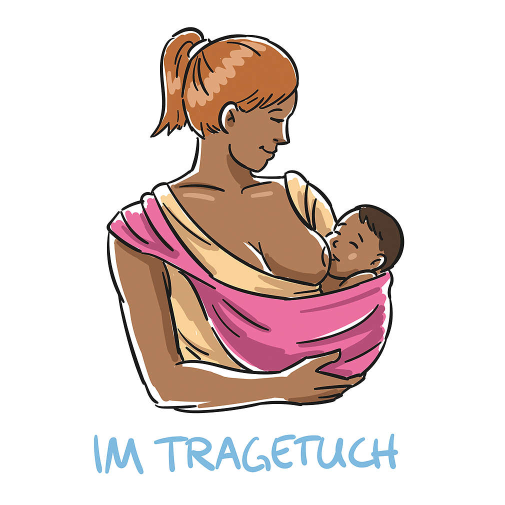 Zeichnung einer stillenden Mutter mit Tragetuch
