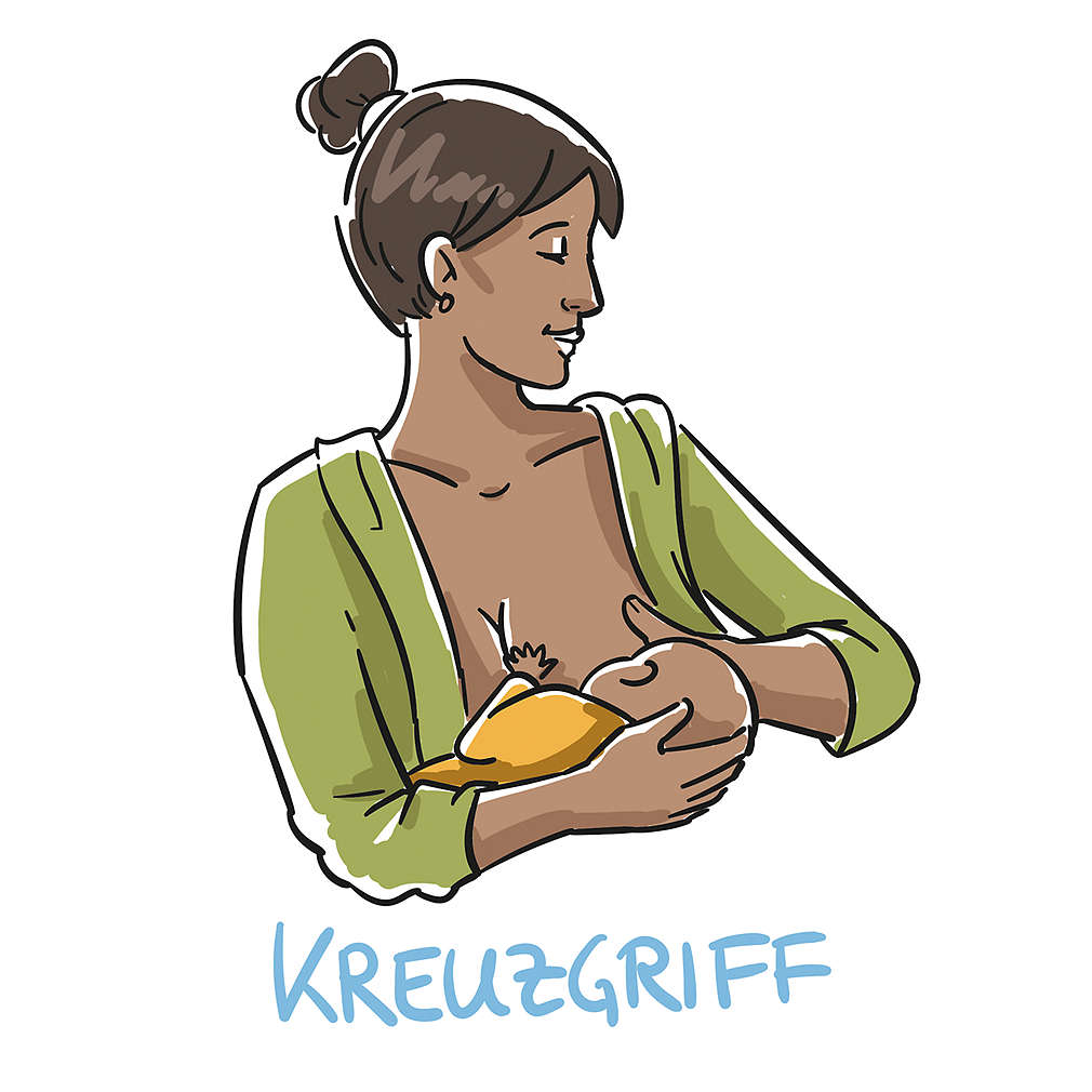 Zeichnung einer stillenden Mutter im Kreuzgriff