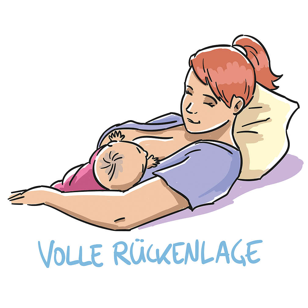 Zeichnung einer stillenden Mutter in voller Rückenlage