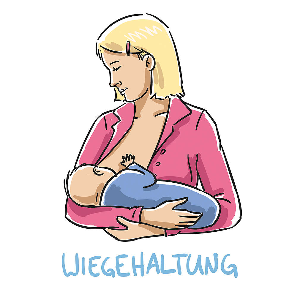 Zeichnung einer stillenden Mutter in der Wiegehaltung