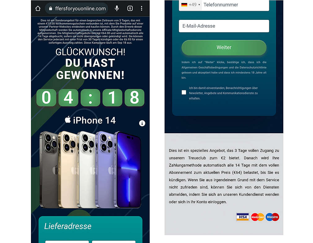 Beispiele für Fake-Gewinnspiele