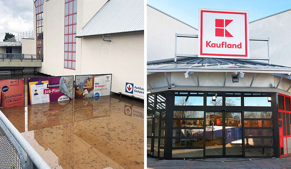 Ansicht Kaufland Erftstadt; links: Hochwasser, rechts: renovierte Filiale