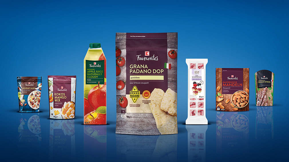 7 rozličných produktov K-Favourites z rozličných produktových skupín