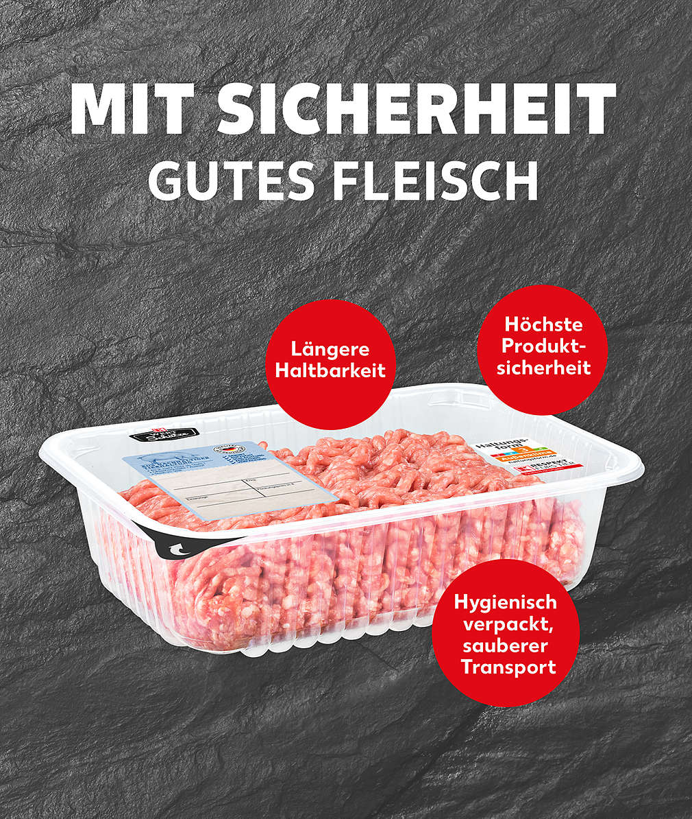 MAP-Verpackung, Mit Sicherheit gutes Fleisch, Störer: Längere Haltbarkeit, Höchste Produktsicherheit, Hygienisch verpackt, sauberer Transport