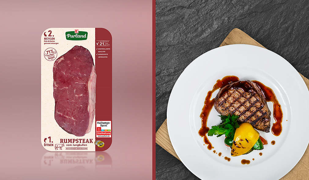 K-Purland Rumpsteak und daneben Teller mit gebratenem Rumpsteak