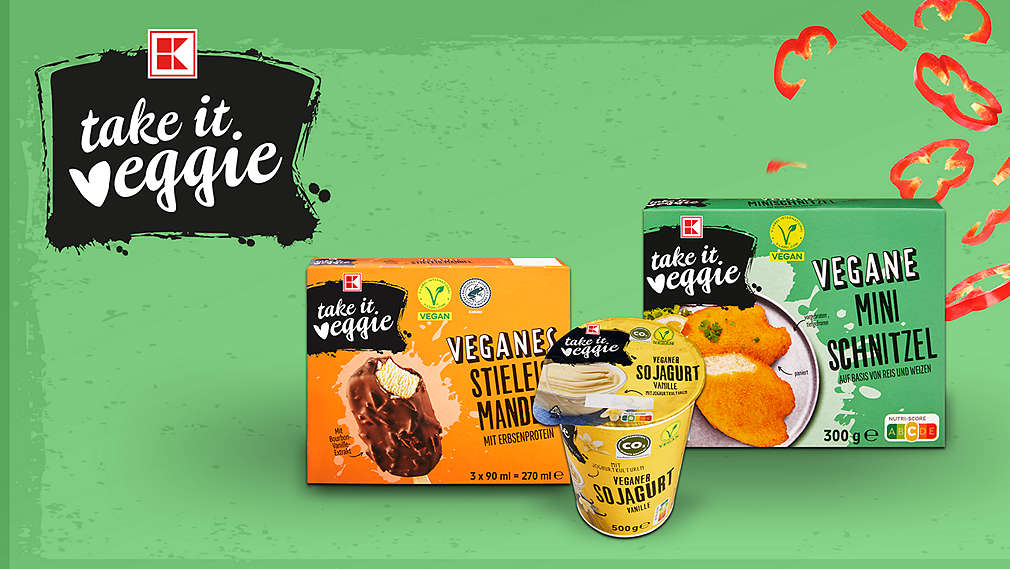 Logo: K-TAKE IT VEGGIE; verschiedene Produkte von K-TAKE IT VEGGIE