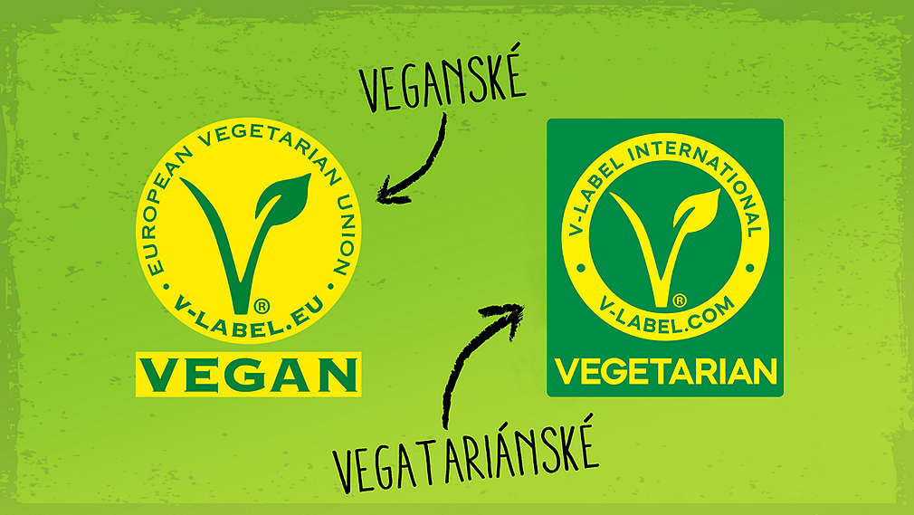 Označení písmenem V na vegetariánských a veganských produktech