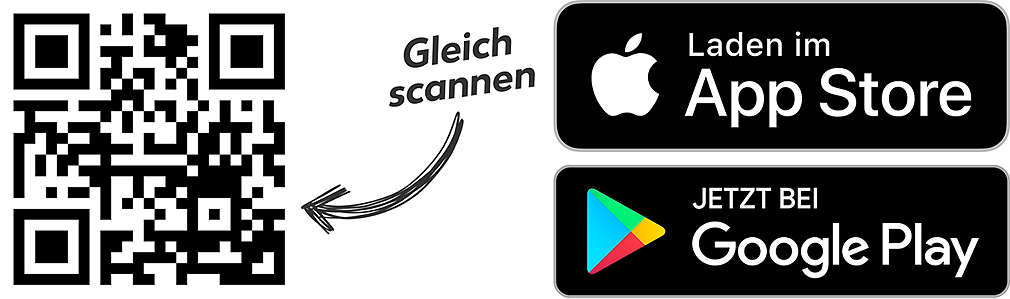 QR-Code gleich scannen für Download Kaufland-App; Logos: App Store und Google Play Store