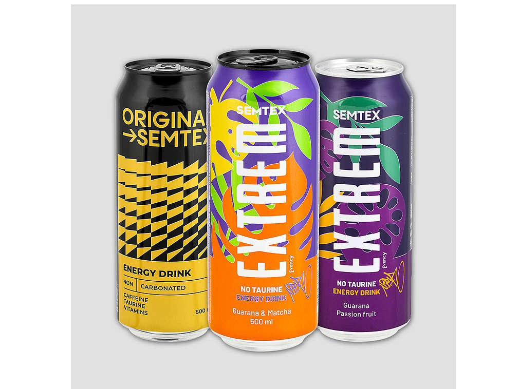 Energetické nápoje značky Semtex - různé druhy