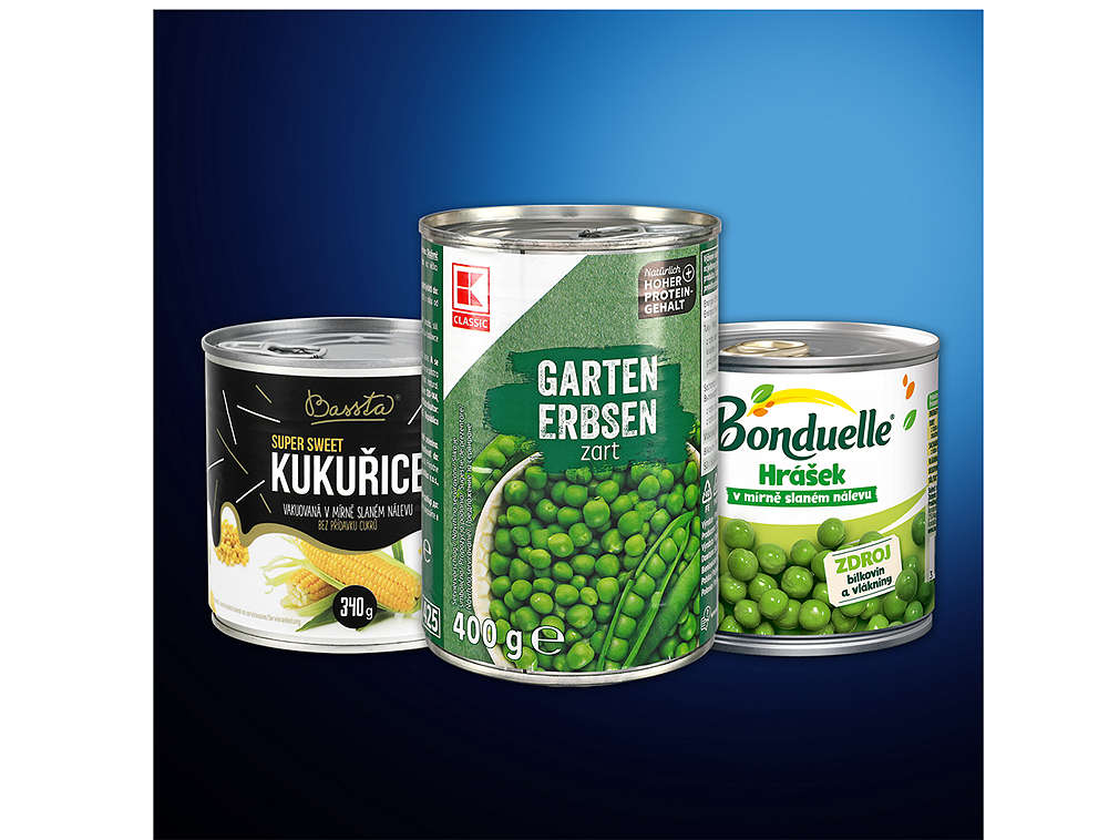 Konzervovaný hrášek a kukuřice - různé druhy