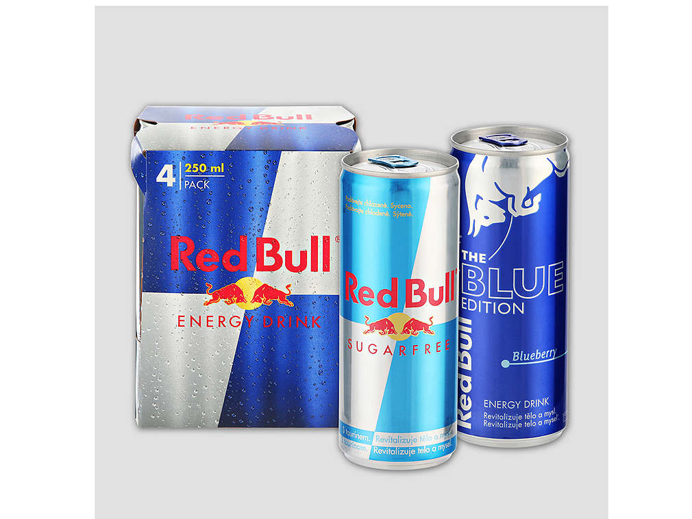 Energetické nápoje značky Red Bull - různé druhy