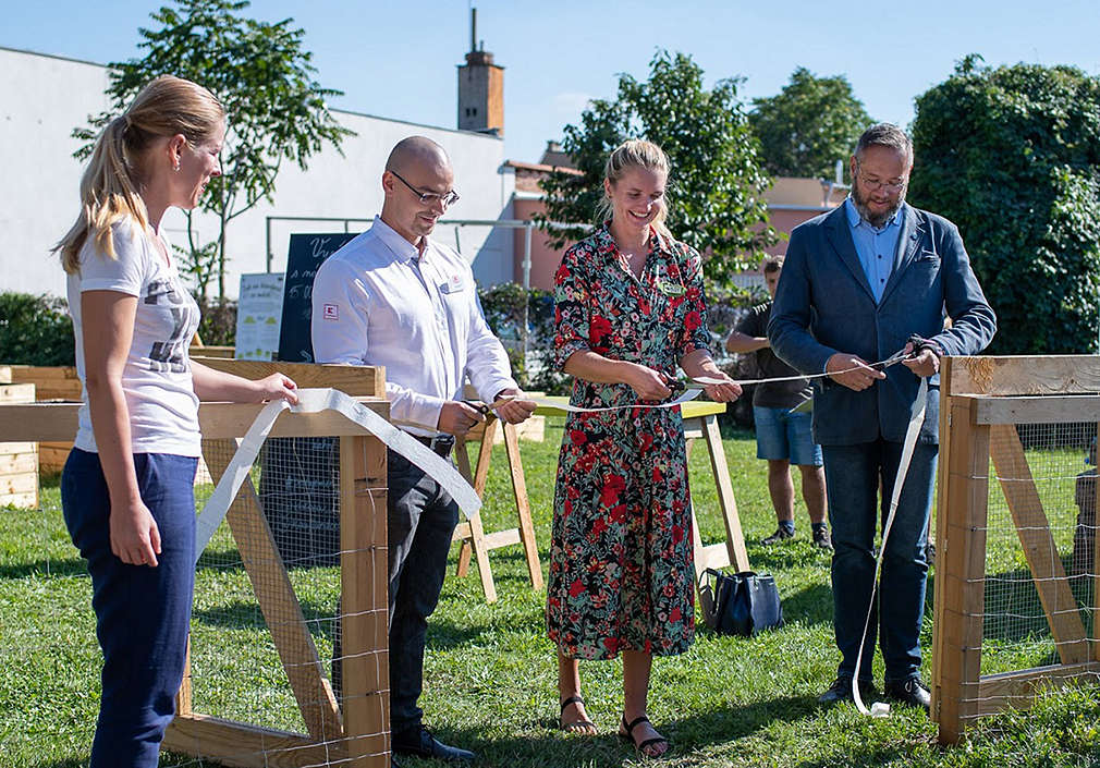 Slavnostní otevření komunitní zahrádky v Židenicích s přestřihnutím pásky.