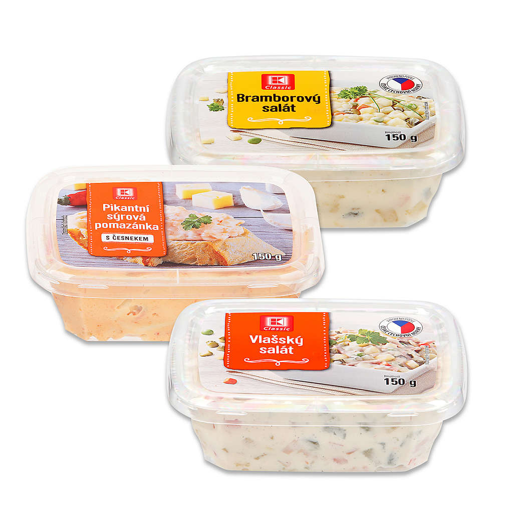 K-Classic Vlašský salát, Bramborový salát a Pikantní sýrová pomazánka s česnekem