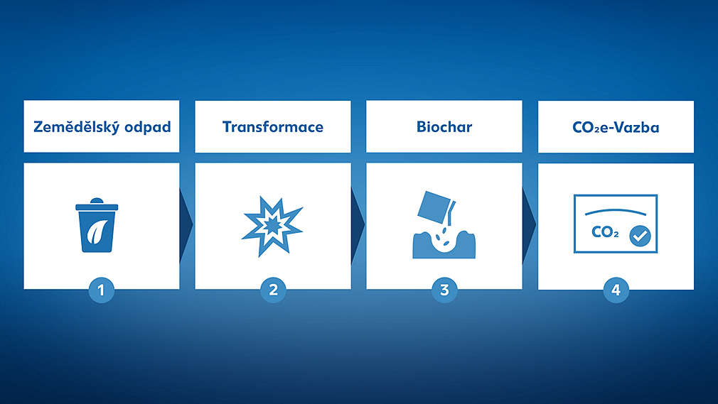 Cyklus čtyř kroků při využití biocharu v pěstování kávy.