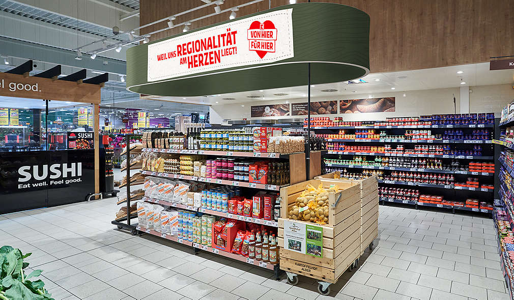 Alle regionalen Produkte sind im Markt an einer Stelle zu finen - Blockplatzierung.