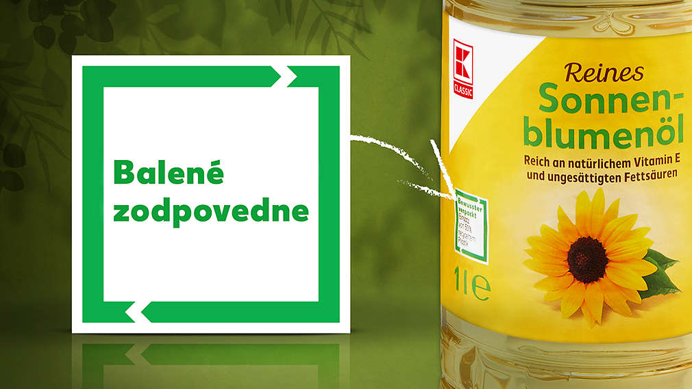 Logo Kaufland „Balené zodpovedne“ na PET fľaši so slnečnicovým olejom K-Classic