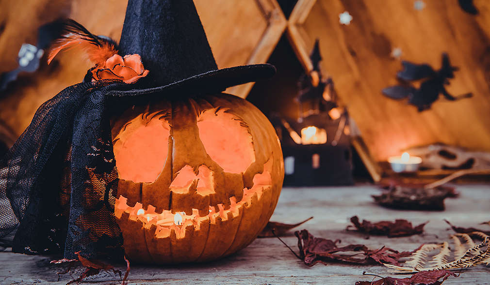 Holzzaun im Hintergrund, grauer Untergrund, darauf ein klassisch ausgehöhlter Halloween-Kürbis mit Hexenhut, an dem ein Stück Spitzenstoff befestigt ist. Auf dem Boden und im Hintergrund liegt Laub.